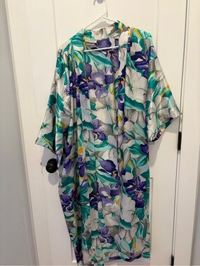 Vintage California Dynasty Floral Satin Robe L Teal Purple Kimono Granny Chic